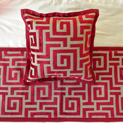 The HomeCentric King/Queen/Twin Red Decorative King 90"x18" Bed Runner with Pillow Cover, Maze Bed Scarf on Velvet Fabric - Path