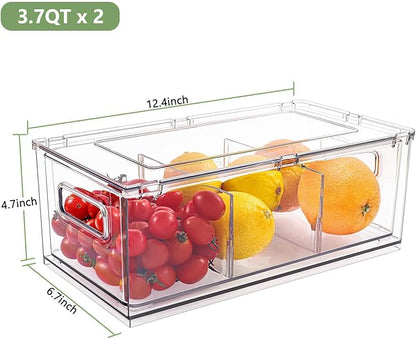 shopwithgreen Refrigerator Organizer Bins with Pull-out Drawer, Drawable Clear Fridge Drawer Organizer with Handle, Plastic Kitchen Pantry Storage Containers , 2 Pack, 3.7QT