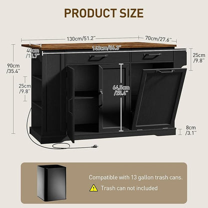 Kitchen Island with Power Outlet & Drop Leaf, Rolling Storage Cart with Trash Storage Cabinet, Farmhouse Mobile Island Table for Kitchen, Dining Room, Hidden Casters, Black and Rustic Brown