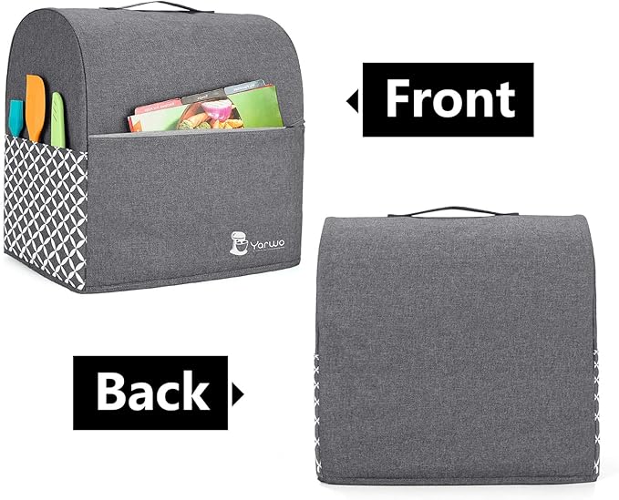 Yarwo Stand Mixer Cover Compatible with 4.5 qt and All 5 qt KitchenAid Mixer, Protective Dust Cover with Top Handle and Pockets for Accessories, Gray with Grid