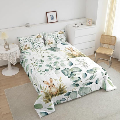 Erosebridal Girls Kawaii Animal Bedding King Size Cute Rabbit Comforter Set King, Cartoon Wildlife Duvet Insert Green Leaf Quilt Set, Spring Plant Bedding Comforters & Sets Child Kids Bedroom Decor