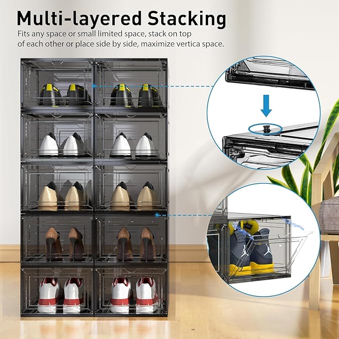 Mitees 10 Pack XX Large Thicken Sturdy Hard Plastic Clear Stackable Shoe Storage Boxes for Size 12, Sneaker Shoe Rack Containers Holders Bins Display Case Organizer for Closet, Grey02