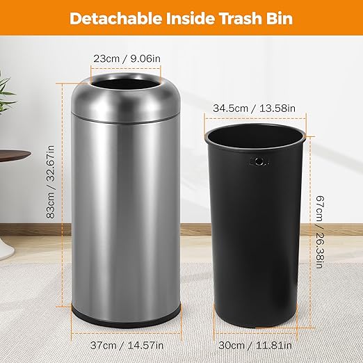 BEAMNOVA 16.5 Gallon Trash Can Open Top Outdoor Indoor Commercial Stainless Steel Industrial Waste Basket Container, Gray Large Garbage Enclosure with Lid