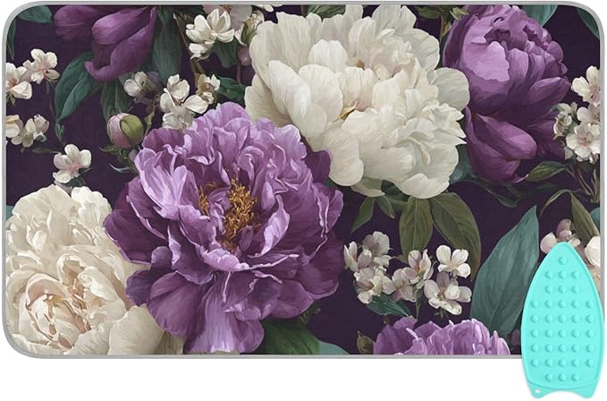 Rose Floral Purple and White Ironing Mat for Table top Portable Ironing Pad Blanket for Washer Dryer Countertop Travel