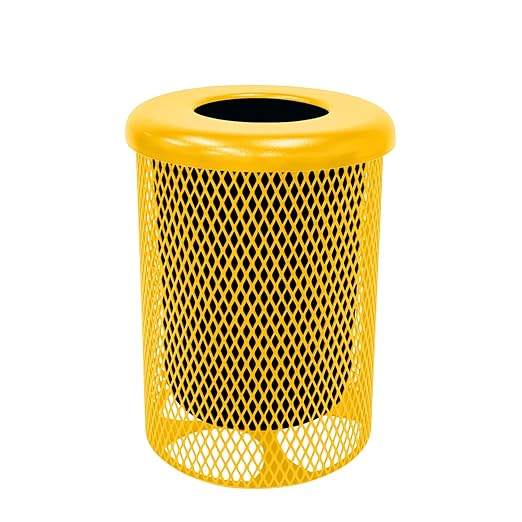 Coated Outdoor Furniture 32-Gallon Heavy-Duty Expanded Metal Round Trash Receptacle, Commercial Outdoor Waste Bin with Liner & Black Flat Top Lid – Made in America (Textured Yellow)