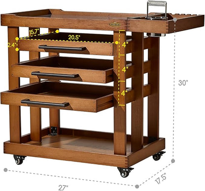 MEEDEN Art Supplies Storage Cart: 5-Tier Solid Beech Wood Utility Rolling Cart with 3 Drawers - Craft Orgnizer on 4 Wheels - Walnut Color