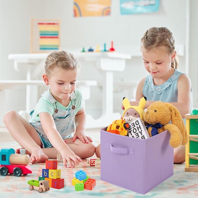 Stero Fabric Storage Bins 6 Pack Fun Colored Durable Storage Cubes with Handles Foldable Cube Baskets for Home, Kids Room, Closet and Toys Organization Purple