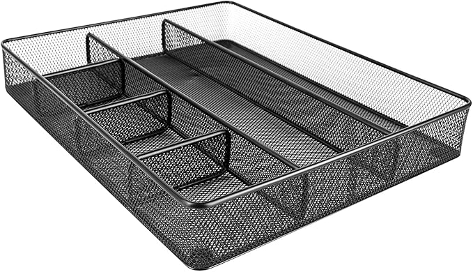 Amazon Basics Desk Drawer Organizer for Office and Home, Metal Mesh, Anti-Slip, 6 Compartments, Black