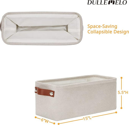 DULLEMELO Small Storage Basket, Toilet Paper Basket Narrow Storage Bin for Bathroom, Bathroom Basket for Organizing with Leather Handles, Canvas Storage Basket for Toilet Magazine Holder(Beige)
