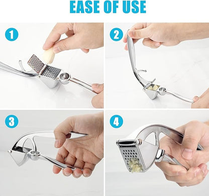 Garlic Press, Premium Kitchen Garlic Mincer Tool, Rust Proof & Dishwasher Safe, Heavy Duty Professional Metal Garlic Crusher with Ergonomic Handle, Easy to Squeeze and Clean -Silver