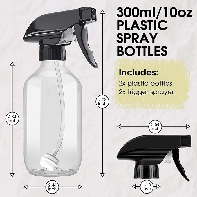 2 Packs Plastic Spray Bottles 360° Water Spray Bottle for Cleaning - 10 oz/300 ml Upside Down Spray Bottle Small Squirt Bottle with Adjustable Nozzle for Hair, Cooking, Plant, Pet (Clear + Green)