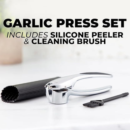 Zulay Kitchen Large Premium Garlic Press Set – Rust Proof & Dishwasher Safe, Bigger Bowl Garlic Mincer Tool with Silicone Garlic Peeler & Brush, Easy Squeeze & Clean, Ergonomic Handle - Chrome
