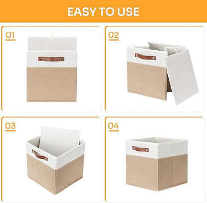 DULLEMELO Cube Storage Bins,12 x 12 x 12 inch Fabric Storage Cubes for Organizing,Collapsible foldable Linen Canvas Closet Storage Bins for Shelves Closet Bedroom Toys Home Office(White&Khaki-4 Pack)