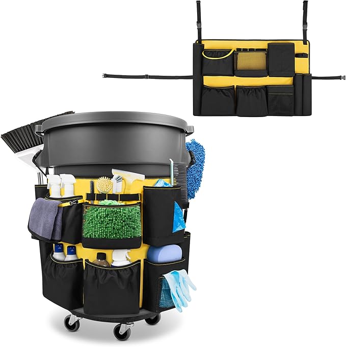 32-55 Gallon Trash Can Caddy Bag, Garbage Bin Apron Caddy with Multiple Pockets for Cleaning Supplies, Cleaning Tool Organizer with Adjustable Buckle for Janitorial Trash Can, Black+Yellow