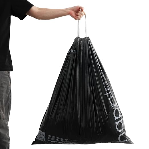 happimess HPM3000V-BLACK 30 Gallon Drawstring Unscented Trash Can Liner for Business Home Kitchen Commercial and Industrial Black (100-Count, 4-Rolls of 25 Liners)