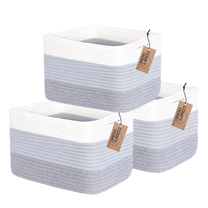 COMFY-HOMI 3PACK Cotton Rope Woven Basket With Handles for Shelves, Toy, Book, Cloth Storage Basket for Organizing|13.5" x 11" x 9.5" Decorative Nursery Cube Bin for Living Room（White / 3-Tone Grey）