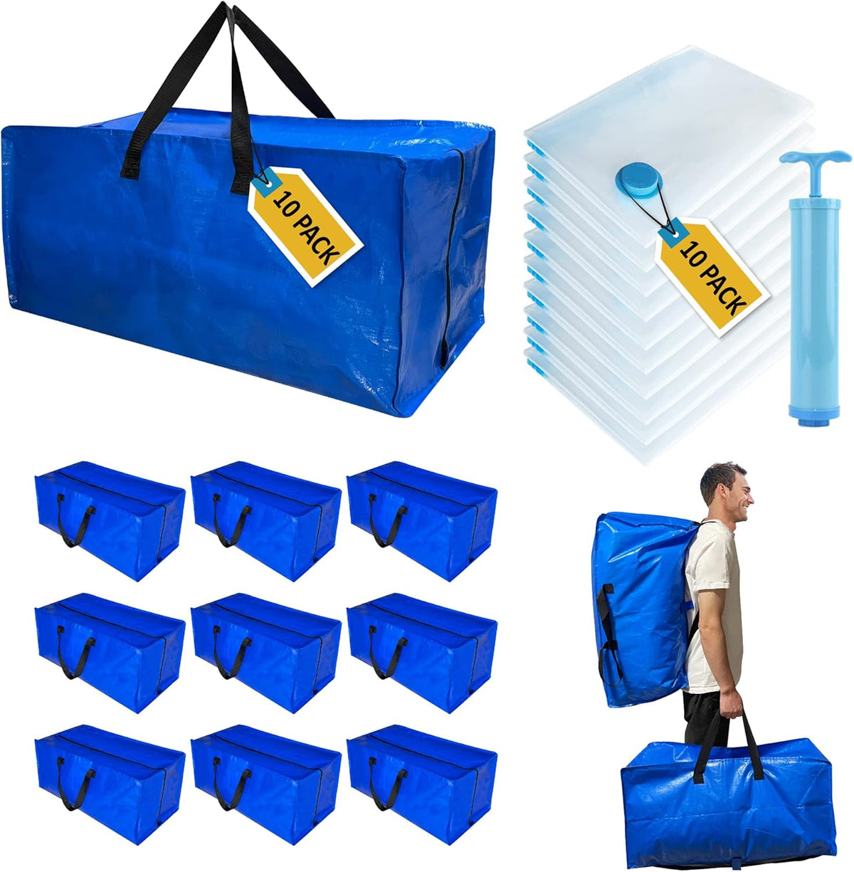 20 Pack Heavy Duty Extra Large Moving Totes with Backpack Straps & Large Vacuum Storage Bags - Space Saving, Fold Flat, Includes Vacuum Bags