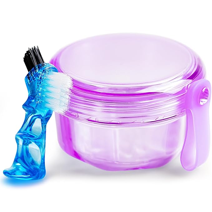 Leak Proof Purple Denture Cups for Soaking Dentures, Partial Denture Bath Case Travel Retainer Cleaning Container Case with Brush for Aligner, Denture, Mouth Guard