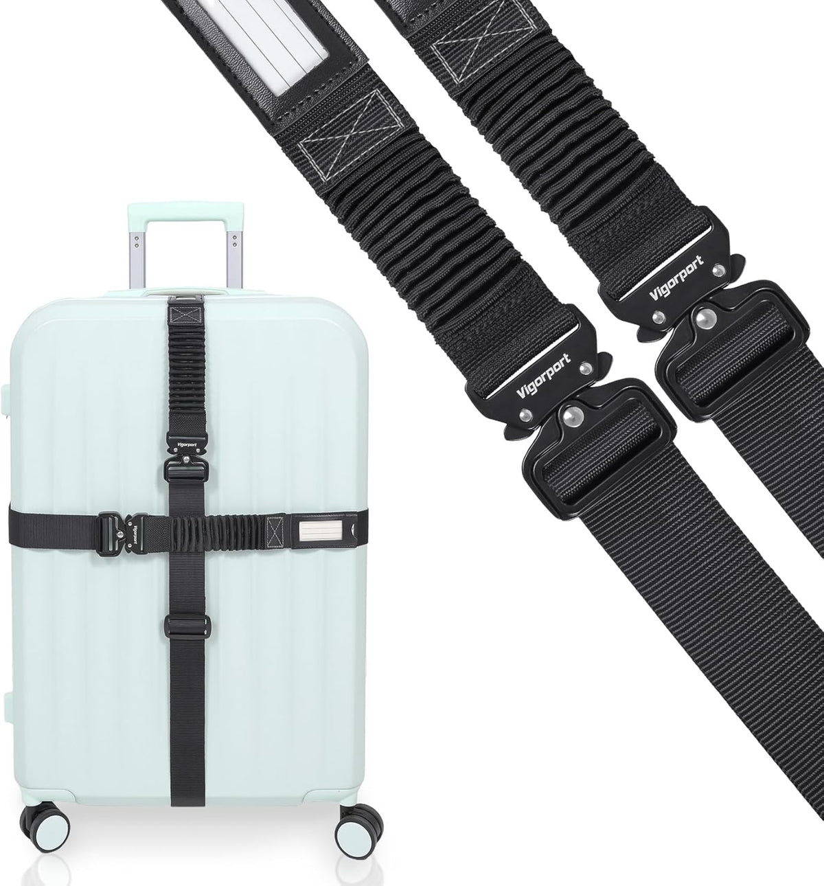 Vigorport Luggage Straps for Suitcases 2 Pack, Heavy Duty Metal Buckle Luggage Belt Strap, TSA Approved Suitcase Belt, Stretchable Travel Strap for Luggage