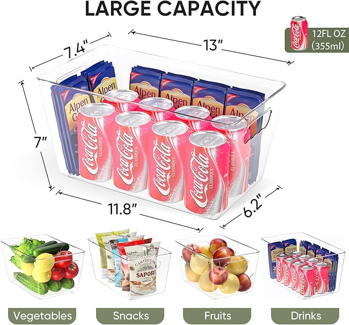 BALEINE Clear Plastic Storage Bins, Pantry Organization, BPA Free Stackable Refrigerator Organizers and Storage with Handles for Kitchen Fridge Cabinet Bathroom (6PK, 13x7.4x6.2)