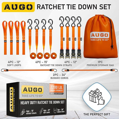 AUGO Ratchet Straps Heavy Duty 4 Pack -15 FT - 2200 LB Break Strength – with Safety Lock S Hooks - Cargo Straps for Moving, Appliances, Motorcycle – Soft Loop Tie Down Straps
