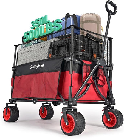 SUNNYFEEL Heavy Duty Collapsible Outdoor Utility Wagon Cart 500LB Capacity Adjustable Handlebar,Foldable Beach Wheels Stable Durable Oxford Fabric for Shopping Garden Camping (Red, Tall Version)