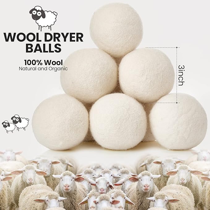 26 Pieces Wool Dryer Balls Set 24 XL Reusable Wool Balls with 2 Muslin Bags Anti Static Dryer Balls Natural Fabric Softener Wool Ball for Clothes Laundry Anti Wrinkle Saving Energy and Drying Time