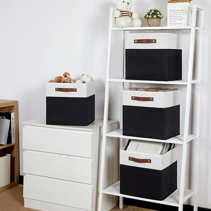 Temary Foldable Storage Cubes Set of 4 - Organizers with Handles, Decorative Storage Boxes for Home, Office (White&Black)