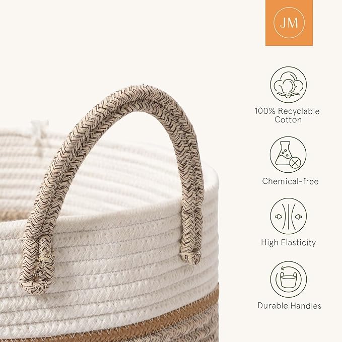LA JOLIE MUSE Woven Basket Rope Storage Baskets - Large Cotton Organizer 16 x 14 x 14 Inches, Basket for Baby Blanket, Kids Toy Nursery Laundry Basket