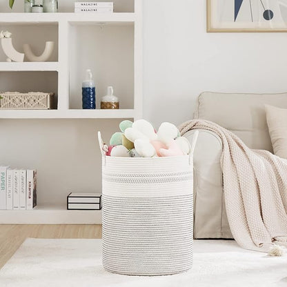 Fiona's magic 58L Woven Rope Laundry Hamper, Tall Boho Laundry Basket Storage, Large Baby Nursery Hamper for Blankets, Toys and Clothes Hamper for Bedroom and Living Room Organizing, Jute, White