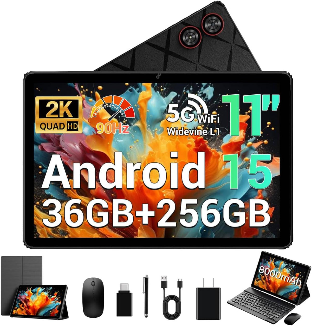 Android Tablet, 11" Android 15 Tablet, 2K FHD Display Tablets, 36GB RAM (12+24) & 256GB ROM,1TB Expandtion, Octa-Core, 8000mAh, WiFi 6, BT 5.0, HD IPS Large tableta, Keyboard & Mouse Included