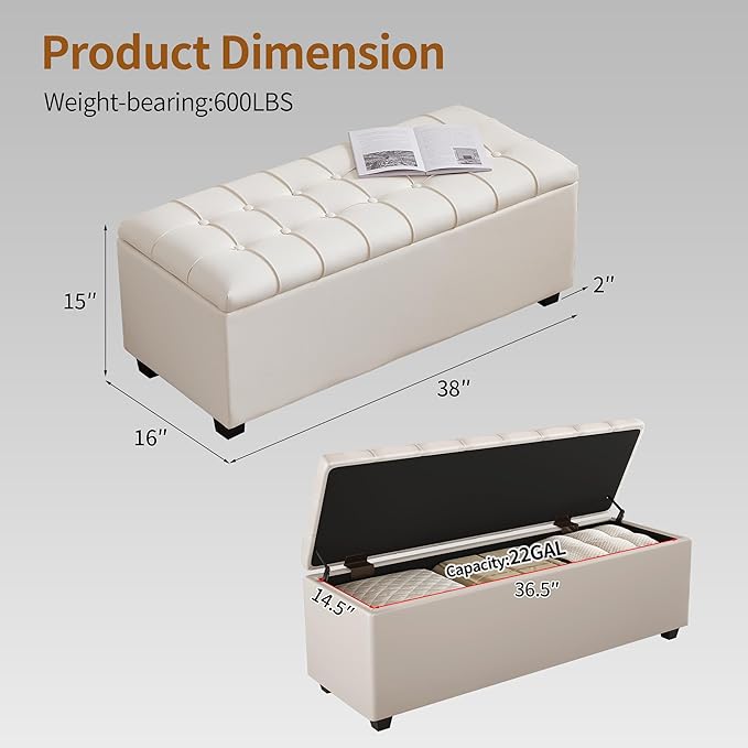 Small 38 Inches Long White Ottoman Bench with Storage,Footstool Furniture End of Bed Benches,Faux Leather Ottomans and Seat for Foot Rest in Bedroom, Living Room, Entryway
