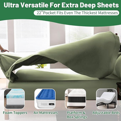 Extra Deep Pocket King Sheets 18-24 Inch 1000 Thread Count 100% Egyptian Cotton Sateen Weave Soft Breathable 4 Pieces（King，Olive Green）