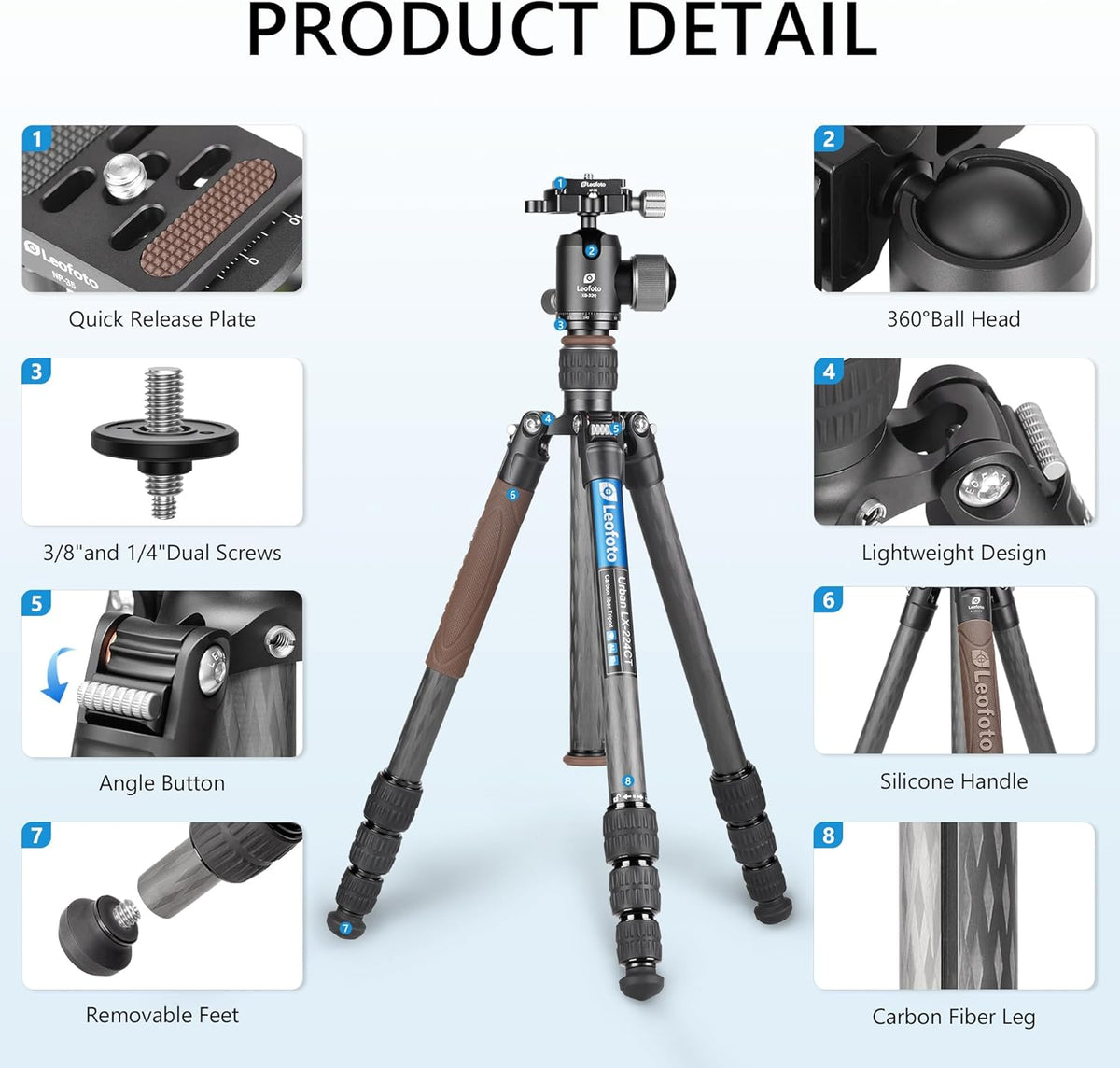 Carbon Fiber Lightweight Travel Tripod with 360° Ball Head, Removable Center Column, Folded Height 37cm, Weight 1.12kg, Maximum Load 8KG（LX-224CT+XB-32Q）