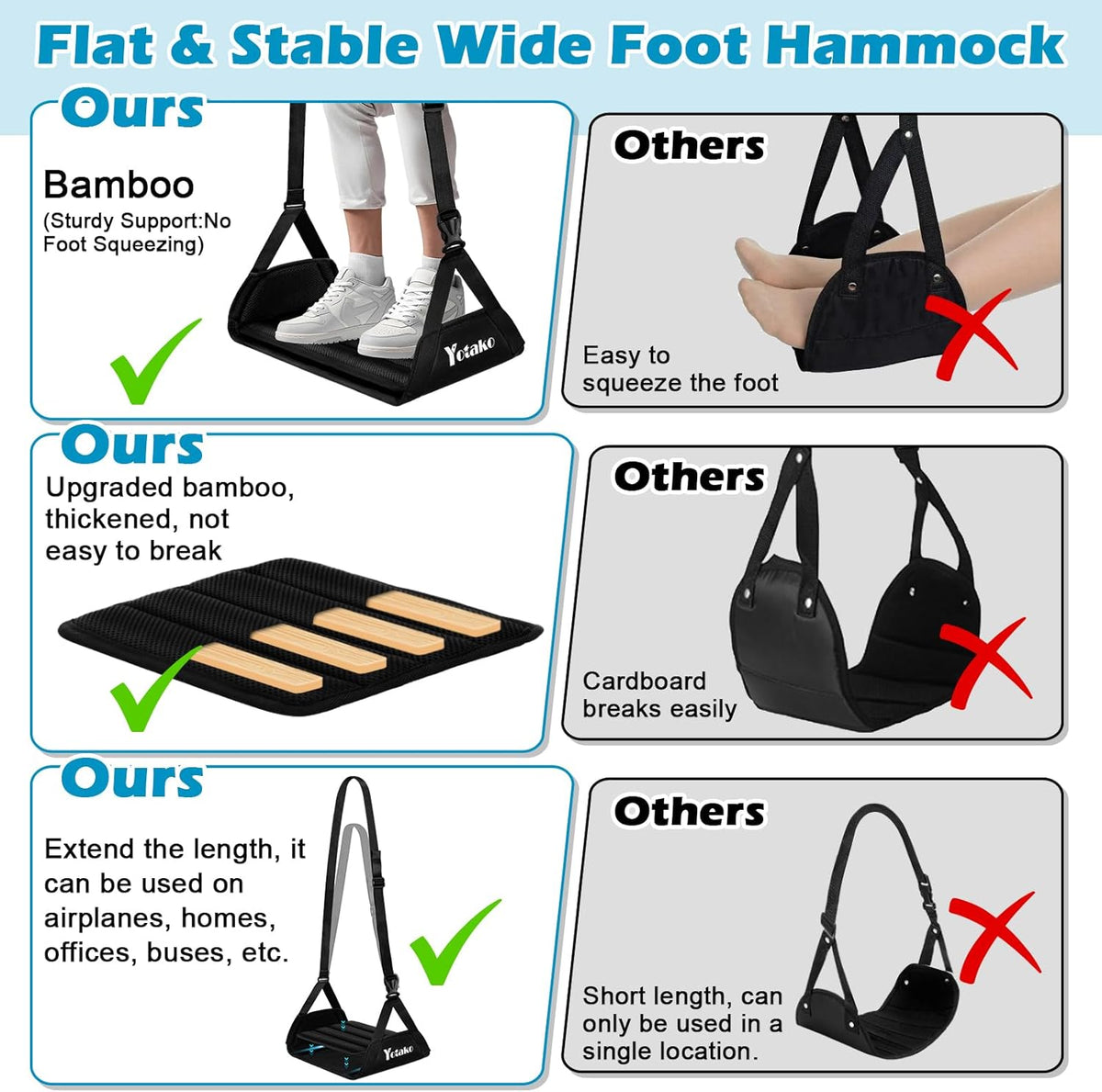 Yotako Airplane Foot Hammock-Removable Wide Bamboo Airplane Foot Rest with Extended Adjustment Strap, Desk Foot Hammock to Relax Your Feet Foot Sling Travel Essentials with Storage Pouch, Black