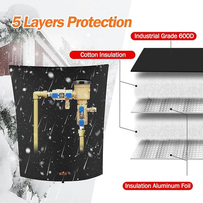 Backflow Preventer Pipe Insulation Cover (5°F) - Irrigation Sprinkler Valve Insulated Pouch - Water Well Pump Cover - Sturdy 5 Layers for Winter Freeze Protection, 20" W x 26" H, Black