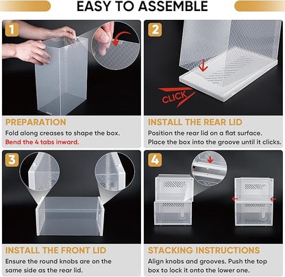 BALEINE 12 Pack Stackable Shoe Storage Boxes Fit Size 9, Thickened Clear Shoe Box Bins with Lids, Plastic Foldable Organizer Sneaker Storage Containers (Large, Black)