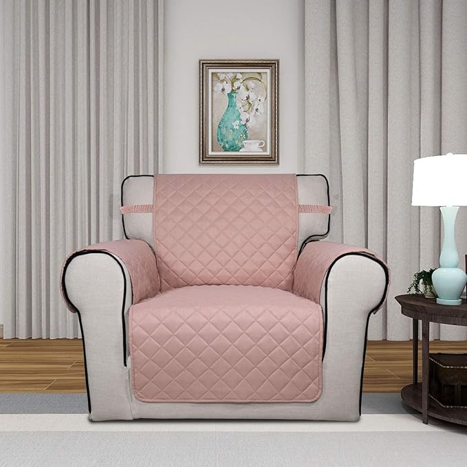 PureFit Reversible Quilted Sofa Cover, Water Resistant Slipcover Furniture Protector, Washable Couch Cover with Non Slip Foam and Elastic Straps for Kids, Dogs, Pets (Small, Pink/Beige)
