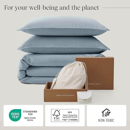 Double Stitch Cotton Tencel Duvet Cover - Queen Size Comforter Cover, Luxury & Soft Eucalyptus Lyocell Bedding Set for Hot Sleepers, Cooling & Breathable, Button Closure, Sterling Blue, 90"x90"