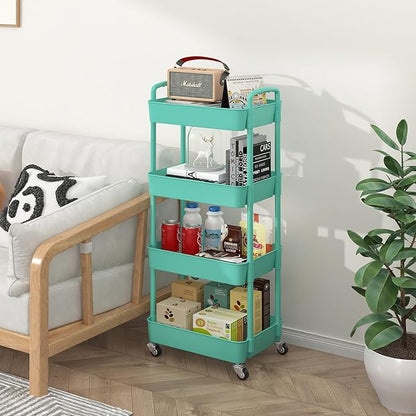 Sywhitta 4-Tier Plastic Rolling Utility Cart with Handle, Multi-Functional Storage Trolley for Office, Living Room, Kitchen, Movable Storage Organizer with Wheels, Green