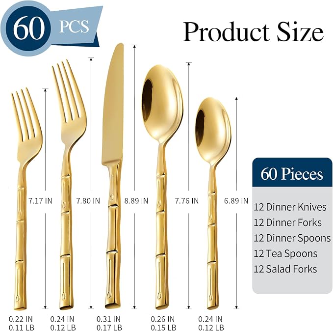 Gold Silverware Set 60-Piece Bamboo Pattern Service