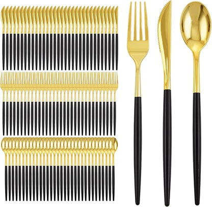 I00000 300Pcs Black Plastic Silverware, Happy New Year Gold Disposable Silverware, Black and Gold Plastic Utensils Include 100 Forks 100 Knives 100 Spoons,Disposable Cutlery for Wedding