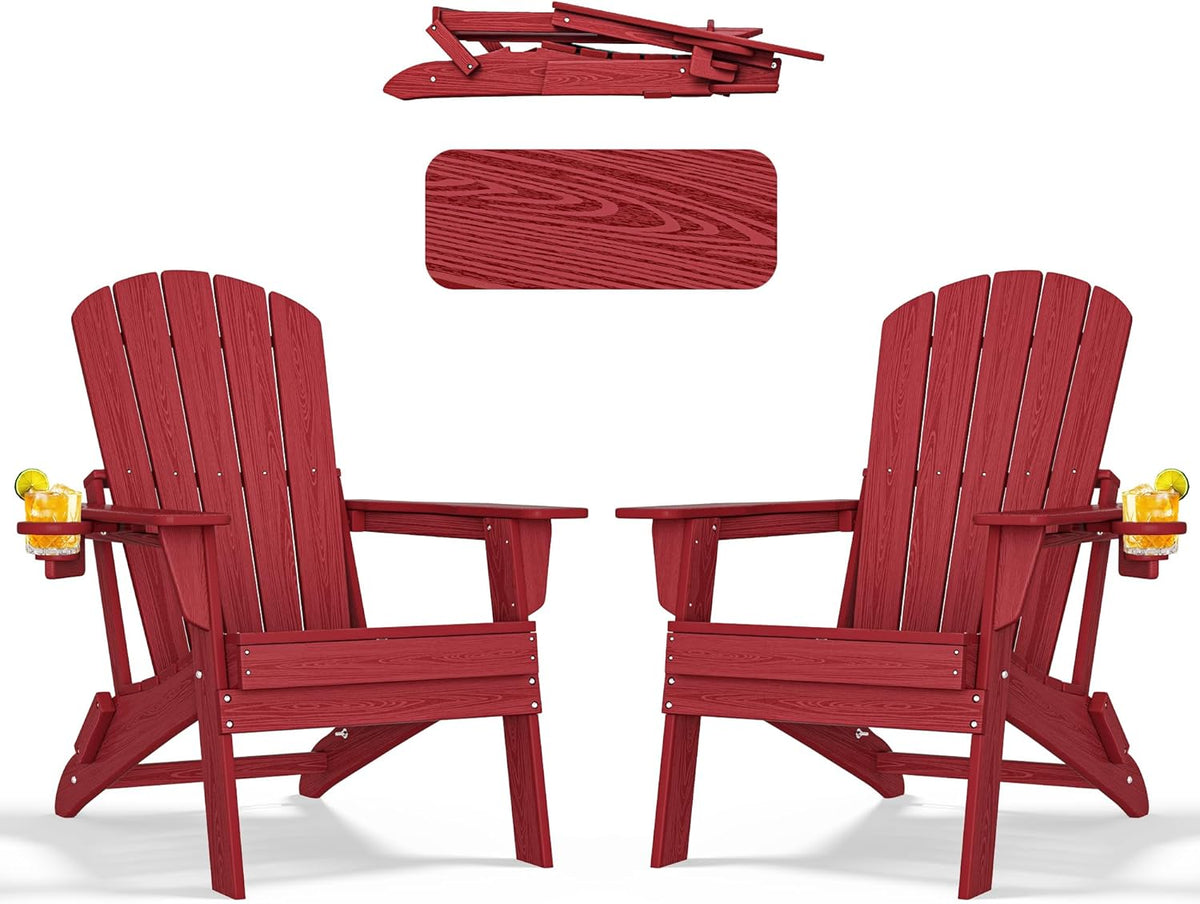 Folding Adirondack Chair with Cup Holder Set of 2,HDPE All-Weather Patio Chairs,Plastic Outdoor Chairs- Looks Exactly Like Real Wood- Red