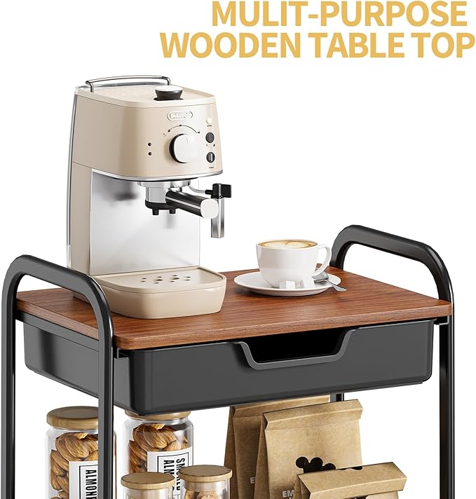 TOOLF 3-Tier Utility Rolling Cart with Wooden Board and Drawer, Metal Storage Cart with Handle, Black Trolley Kitchen Organizer Rolling Desk with Locking Wheels for Office, Classroom, Home, Bedroom
