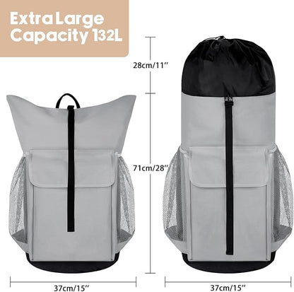 Laundry Backpack Bag, 132L Extra Large Heavy Duty Laundry Backpack for College Dorm Essentials, Laundry Hamper Travel Bag with Shoulder Straps and Mesh Wash Bags for Laundromat, Apartment Grey
