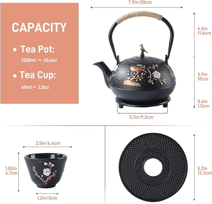 Tea Set Tea Kettle Japanese Style Beautiful Black Cast Iron Teapot Set with 4 Cups,1 Trivet and 1 Lid Holder,40.6oz Teapot with Infuser for Stove Top Safe