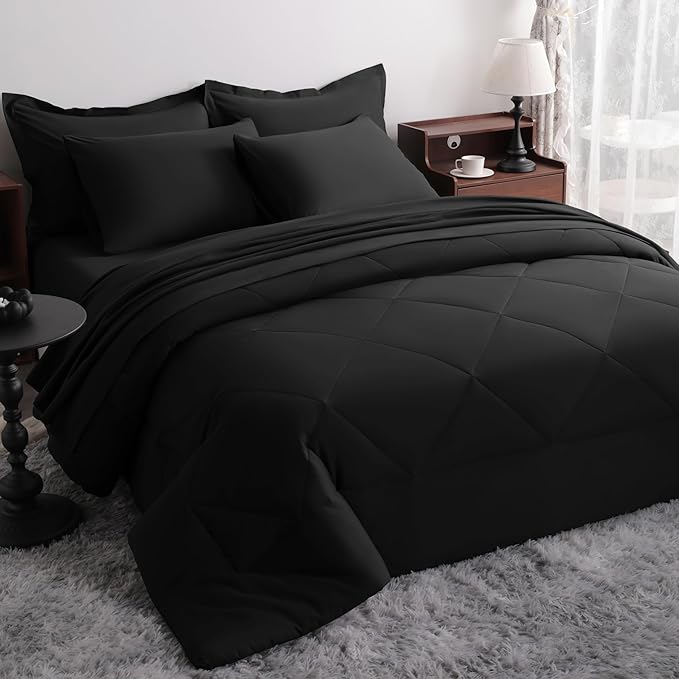 NTBAY Queen Comforter Set with Sheets, 7 Pieces Soft and Breathable Queen Bedding Set, Bed in a Bag, Down Alternative Comforter Set Solid Color All Season, Queen Bedding Set, Black