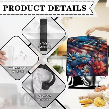 American Flag Daisy Butterfly Mixer Cover Protector, Dust Covers for 6-8 Quart Kitchen Aid Mixer, Polyester, Waterproof, Multicolor, Drawstring Closure