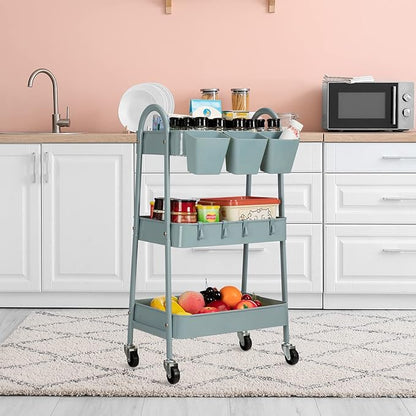 danpinera 3-Tier Rolling Cart, Metal Rolling Storage Cart with Lockable Wheels & Hanging Cups & Hooks, Mobile Trolley Cart for Kitchen, Bathroom, Office, Workshop, Gray Blue