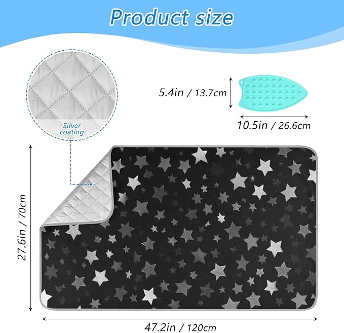 Ironing Mat Portable Ironing Pad Ironing Blanket for Table Top Heat Resistance Double-Side Using Travel Large 47.2 x 27.6 Inch Foldable Lightweight Cute Silver and Gray Stars
